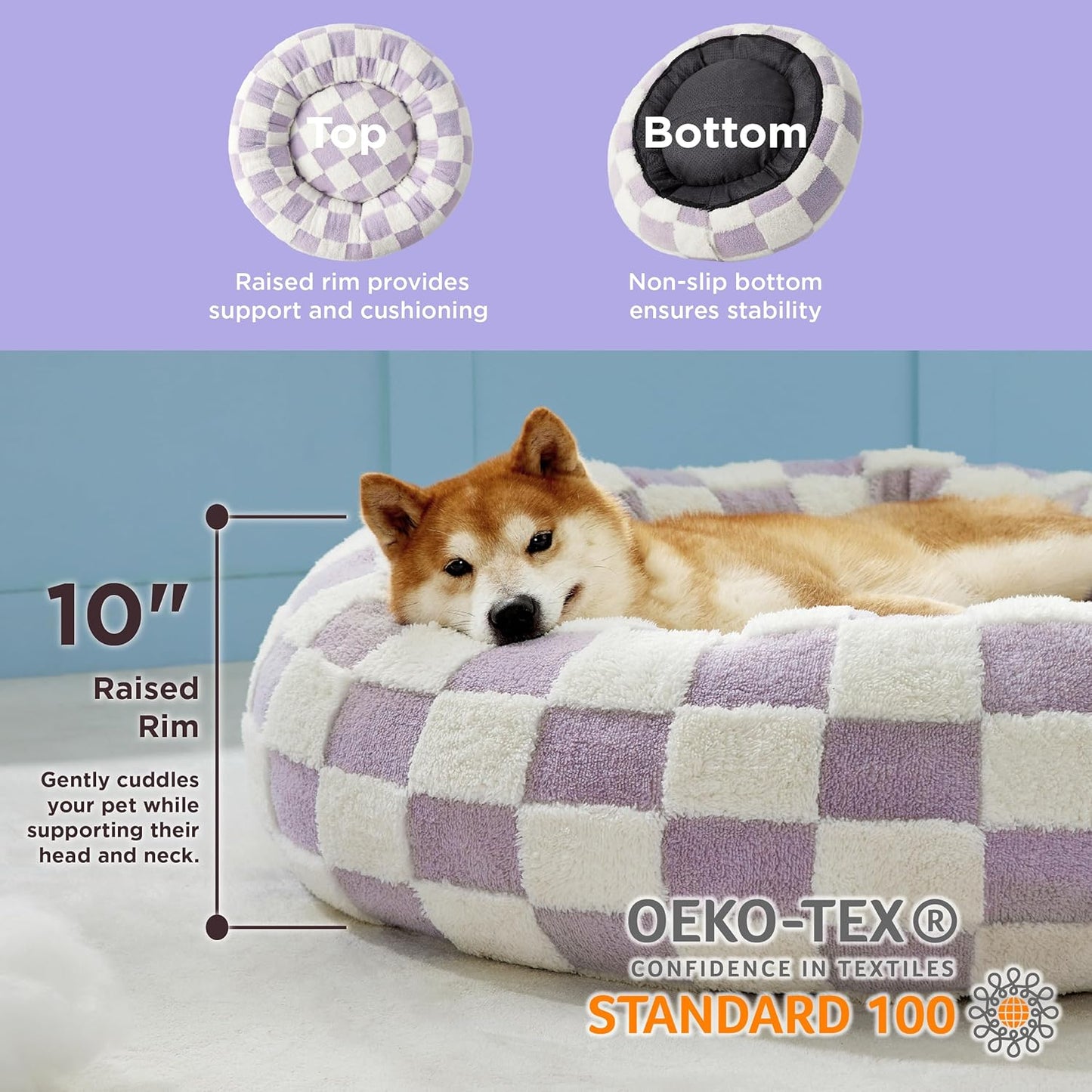 LE SURE Donut Large Dog Bed - Round Cat Beds for Indoor Anti-Anxiety Calming Pet Beds, Washable Cute Modern Beds with Teddy Sherpa Plush & Anti Slip Bottom, 36 Inch, Purple - Pet Explorer