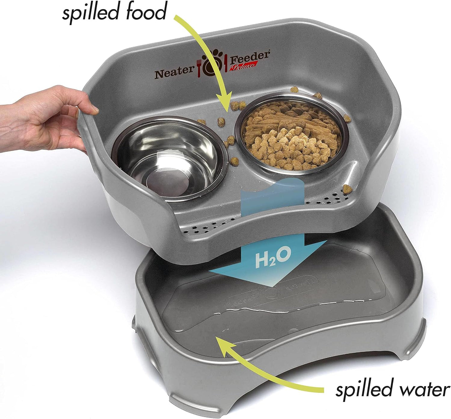Neater Feeder Deluxe Mess Proof Dog Bowls Elevated for Medium Sized Breeds – Made in USA – No Spill Raised Slow Feeder Elevated Dog Bowl Stand w/Leg Extensions, Food and Water Bowl Set, Grey - Pet Explorer