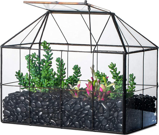NCYP Glass Terrarium Planter with Lid for Small Succulent Cacti, Grid House Shape Black Geometric Terrarium Pot, Home Garden Indoor Tabletop Decor, 9.84" x 5.31" x 7.87" (No Plants) - Pet Explorer
