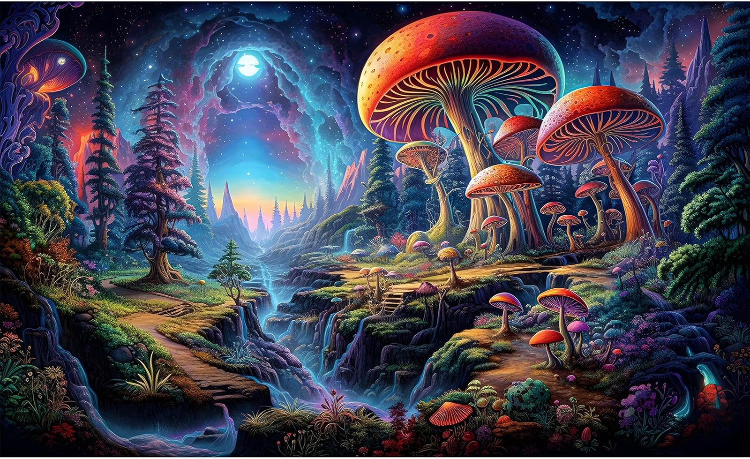 Forest Aquarium Background Fantastic Cartoon Forest Landscape with Mushrooms and Flowers Terrarium Background Fantasy Pine Tree Mysterious Mushroom Theme Fish Tank Backdrop Poster Decor 36x20in - Pet Explorer
