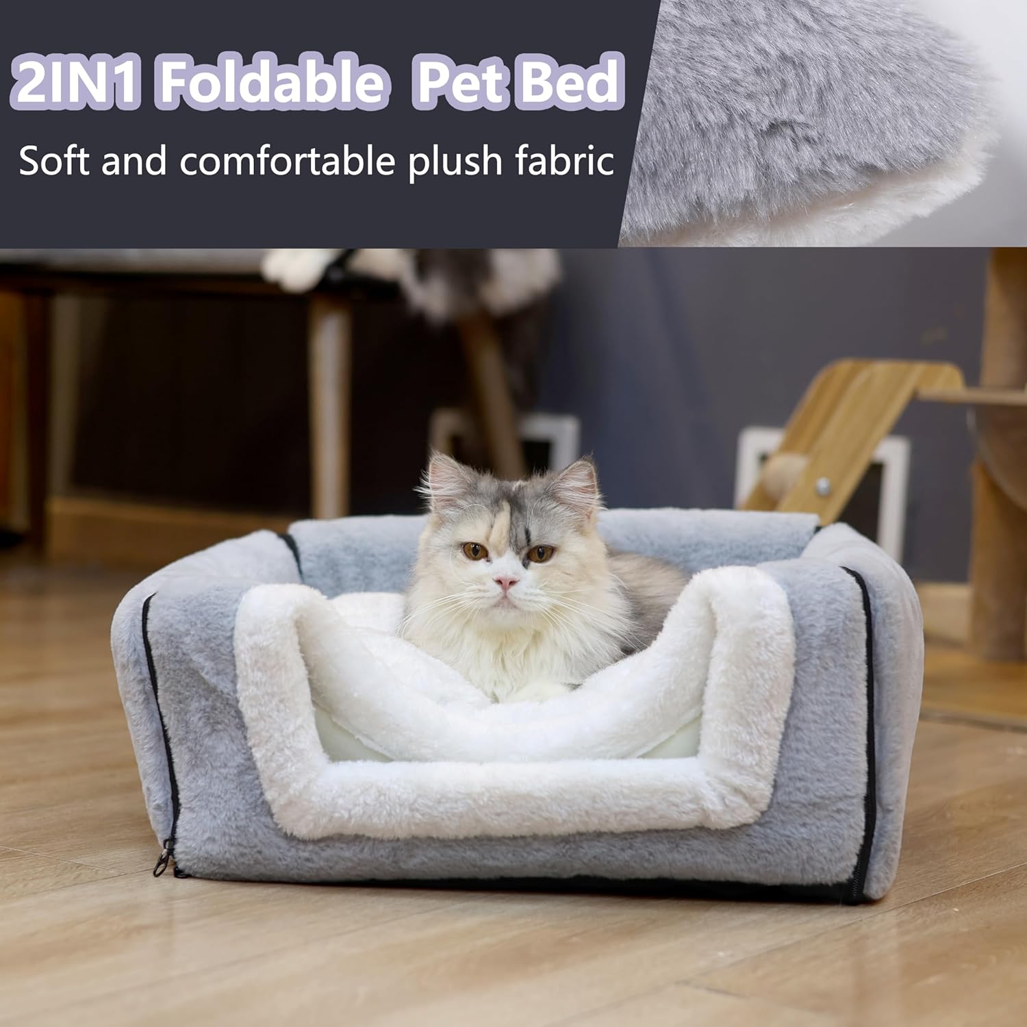 Cat Bed for Indoor Cats，Foldable cat cave，Anti-Slip & Water-Resistant Bottom，cat Houses for Indoor Cats or Small Dogs, Kitten Tent, Rabbit Bed，2 in 1 pet Bed (Grey) - Pet Explorer