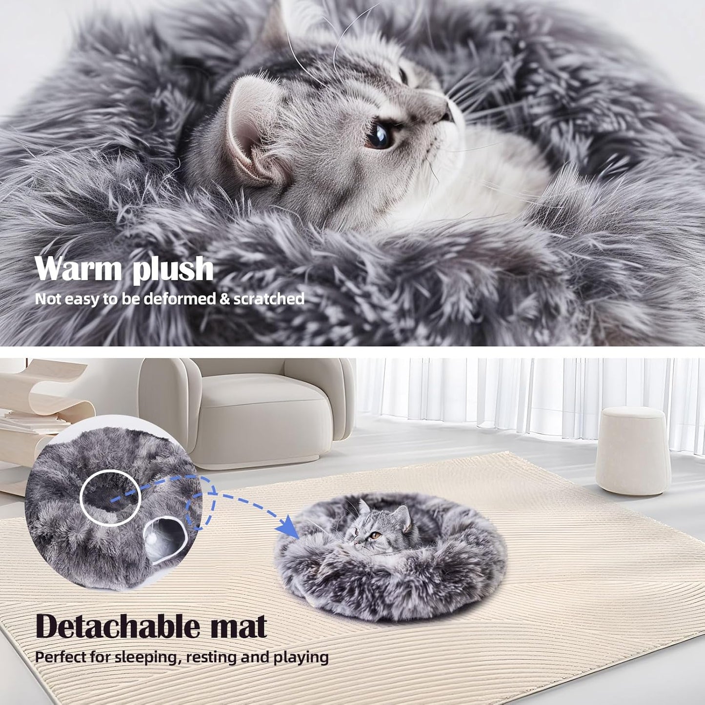 Odoland Cat Tunnels for Indoor Cats with Fluffy Plush Central Cat Couch and 20 Cat Toys, Tunnel Bed for Cats with Hanging Ball, Detachable Soft Mat and Variety Kitty Toy Set, Grey - Pet Explorer