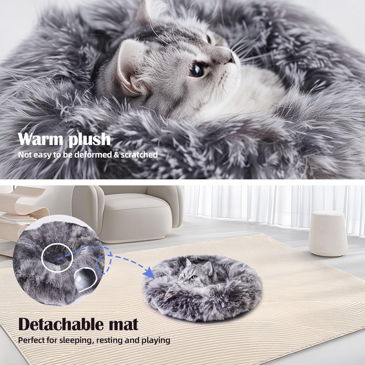 Odoland Cat Tunnels for Indoor Cats with Fluffy Plush Central Cat Couch and 20 Cat Toys, Tunnel Bed for Cats with Hanging Ball, Detachable Soft Mat and Variety Kitty Toy Set, Grey - Pet Explorer