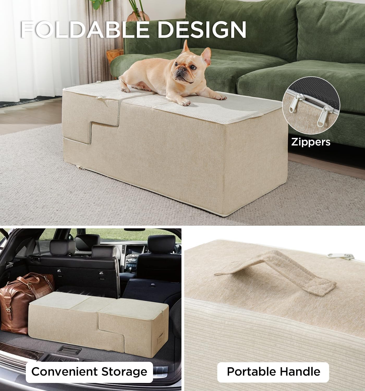 Made4Pets Dog Stairs for Small Dogs, Extra Wide Dog Steps for Bed Couch Sofa and Chair, 35D Foam Pet Steps for Small Dogs and Cats, Non-Slip Bottom Pet Stairs, Beige, 3 Steps - Pet Explorer