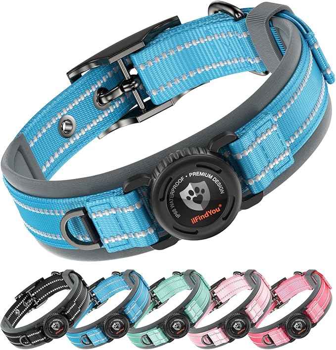 Upgraded AirTag Dog Collar with Holder, Waterproof Reflective Air Tag Dog Collar with Widened Comfortable Padding & Ultra-Durable Metal Buckle, Adjustable for Medium Dogs (M, Blue)