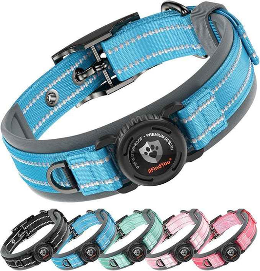 Upgraded AirTag Dog Collar with Holder, Waterproof Reflective Air Tag Dog Collar with Widened Comfortable Padding & Ultra-Durable Metal Buckle, Adjustable for Medium (Blue, Small)