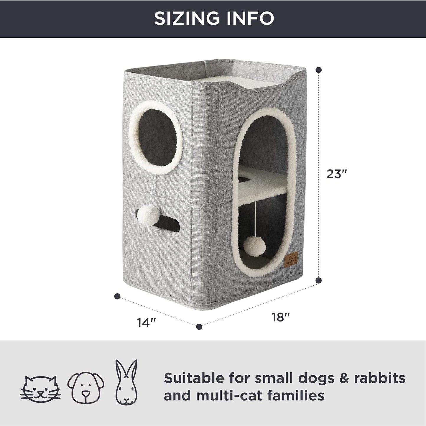 Bedsure 2 Story Cat House - Cat Condos for Indoor Cats with Scratch Pad and Fluffy Ball Hanging, Small Pet Cave Furniture Hideaway for Multi Pets, 18x14x23 inches, Grey - Pet Explorer