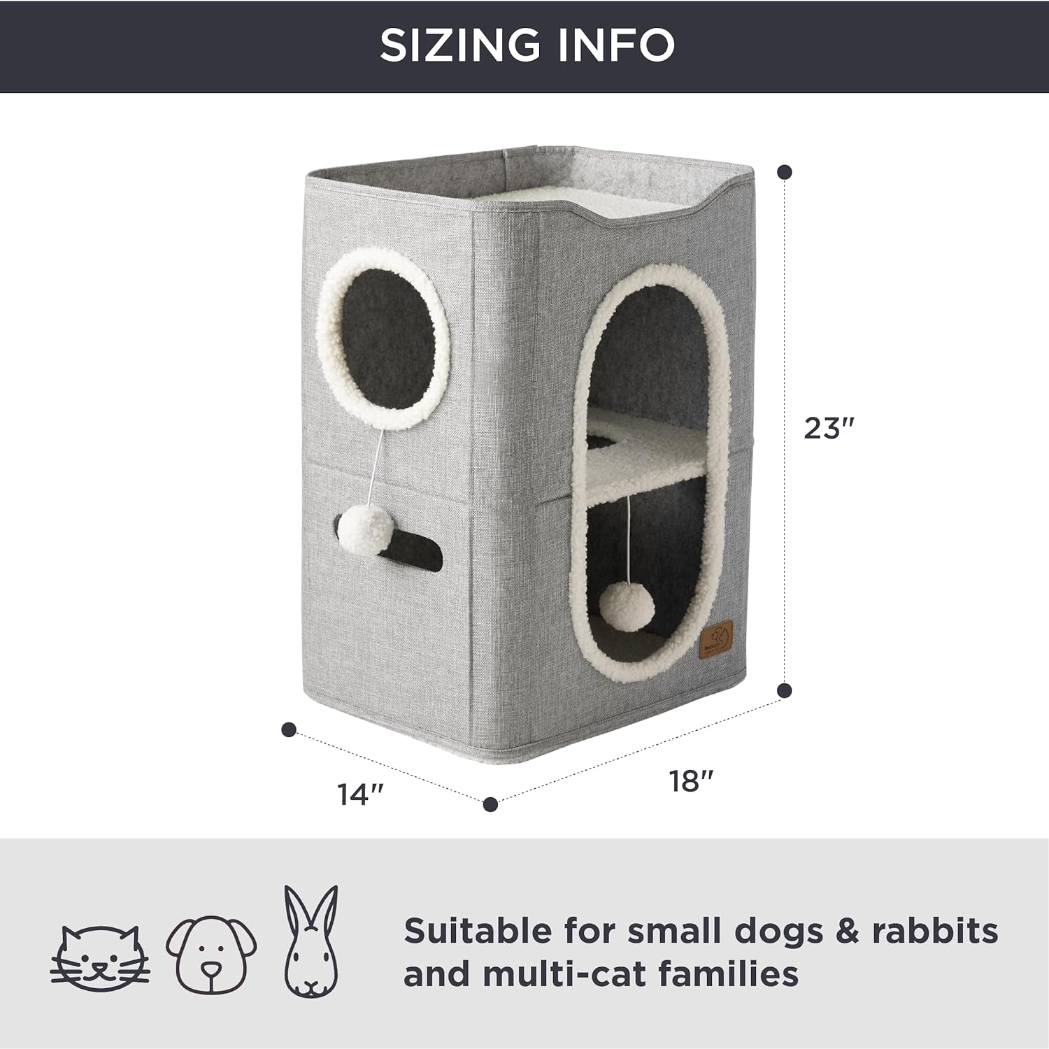 Bedsure 2 Story Cat House - Cat Condos for Indoor Cats with Scratch Pad and Fluffy Ball Hanging, Small Pet Cave Furniture Hideaway for Multi Pets, 18x14x23 inches, Grey - Pet Explorer