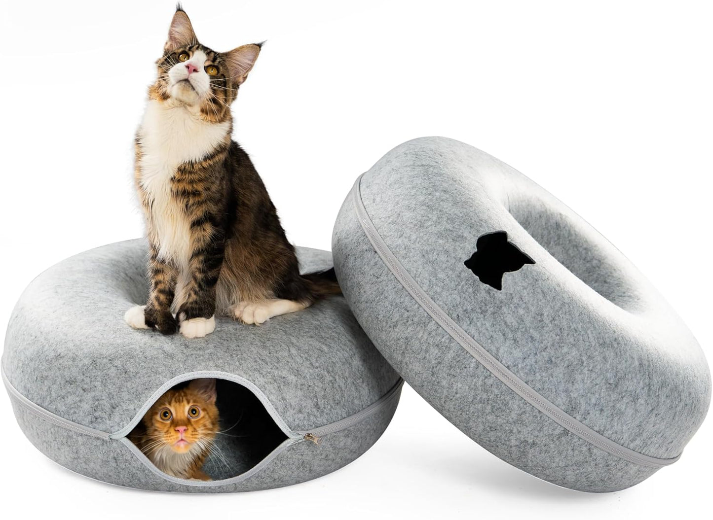Cattasaurus Peekaboo Cat Cave, Extra Spacious for Multiple & Large Cats 12+ lbs, Scratch Detachable Beds for Indoor Cats, Washable Tunnel Bed, Comfy Cat Donut Tunnel (Light Gray+Light Gray, Jumbo) - Pet Explorer