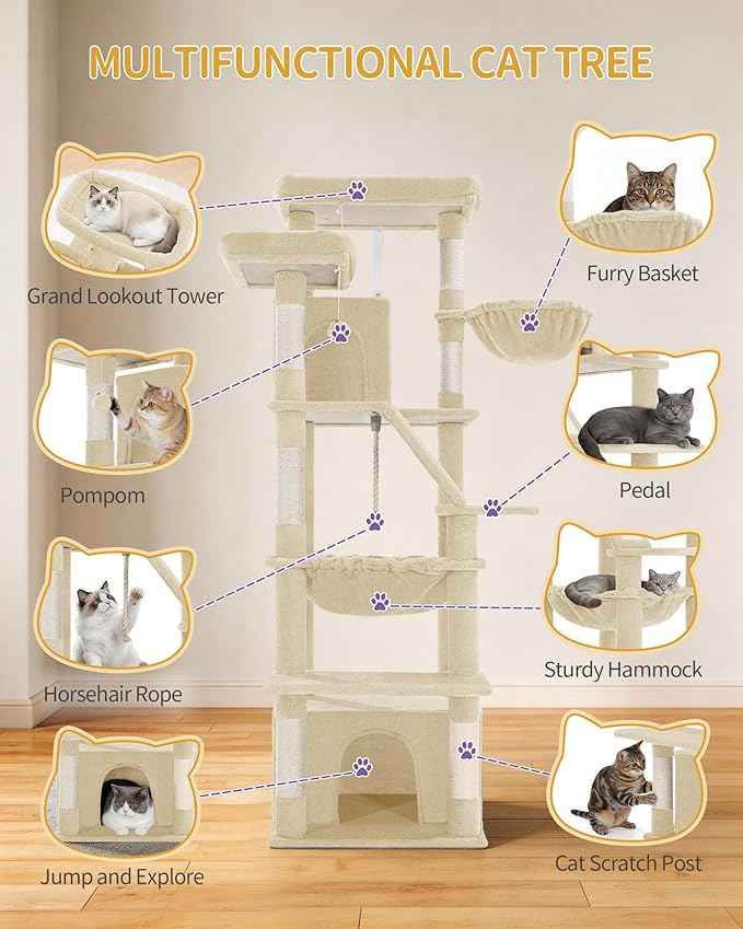 Large Cat Tree, 72 Inch Tall Indoor Cat Tower for 6 Large Cats, Corner Climbing Activity Pet Condo with 2 Large Platforms/2 Cats House/6 Scratching Post/1 Hanging Basket, Beige MS18318YG