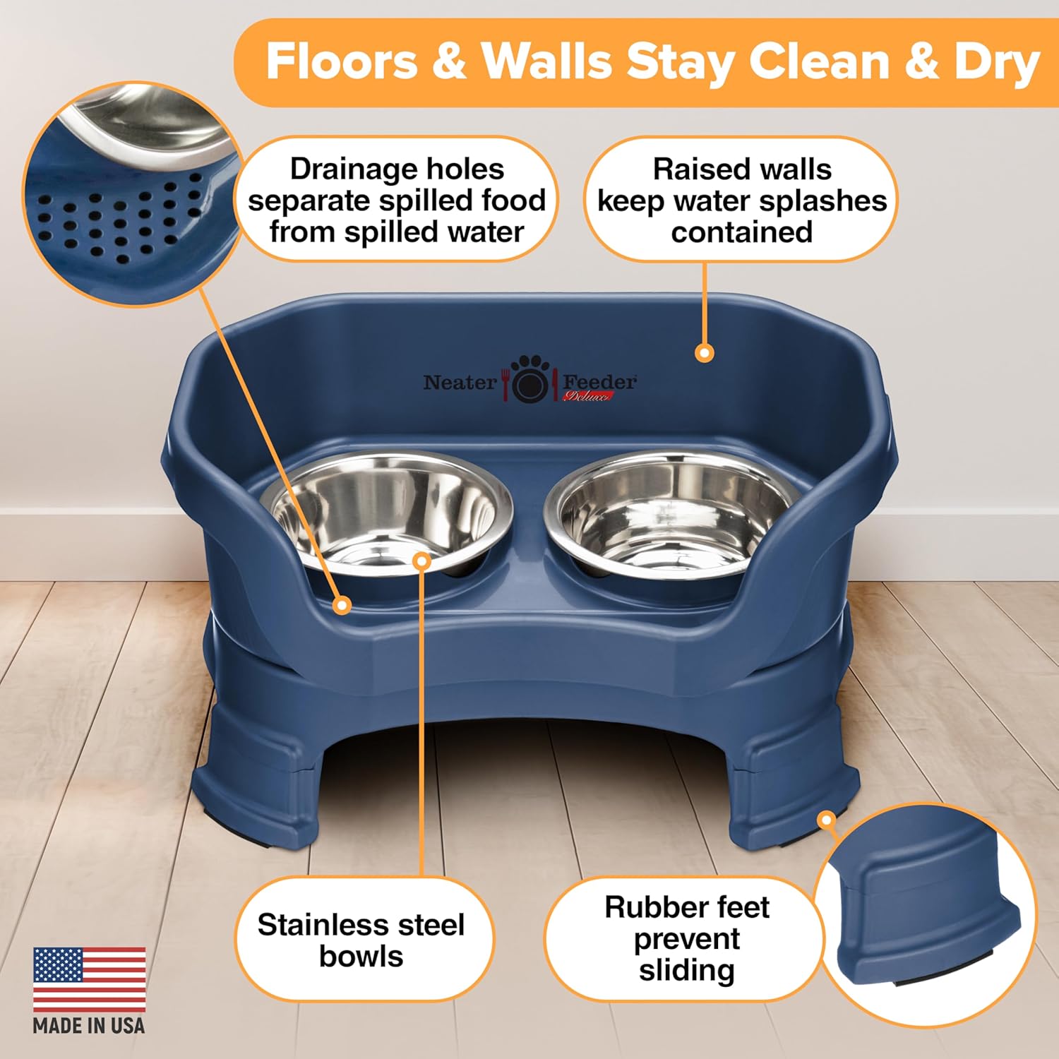 Neater Feeder Deluxe Mess Proof Dog Bowls Elevated for Small Breeds – Made in USA – No Spill Raised Dog Food Bowl Stand w/Leg Extensions – Stainless Steel Food and Water Bowl Set – Dark Blue - Pet Explorer