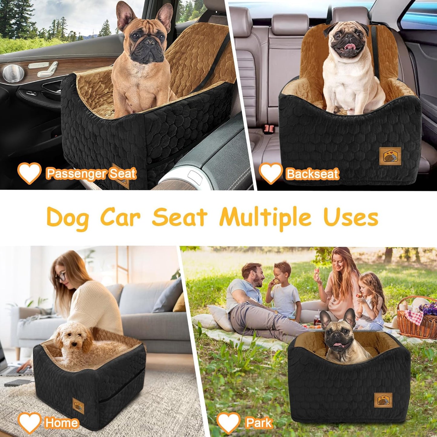 Dog Car Seat for Small/Medium Dogs, Memory Foam Dog Booster Seat, Travel Safety Per Car Seat with Washable Removable Cover, Storage Pockets for Dogs up to 35 lbs(BlackBrown) - Pet Explorer