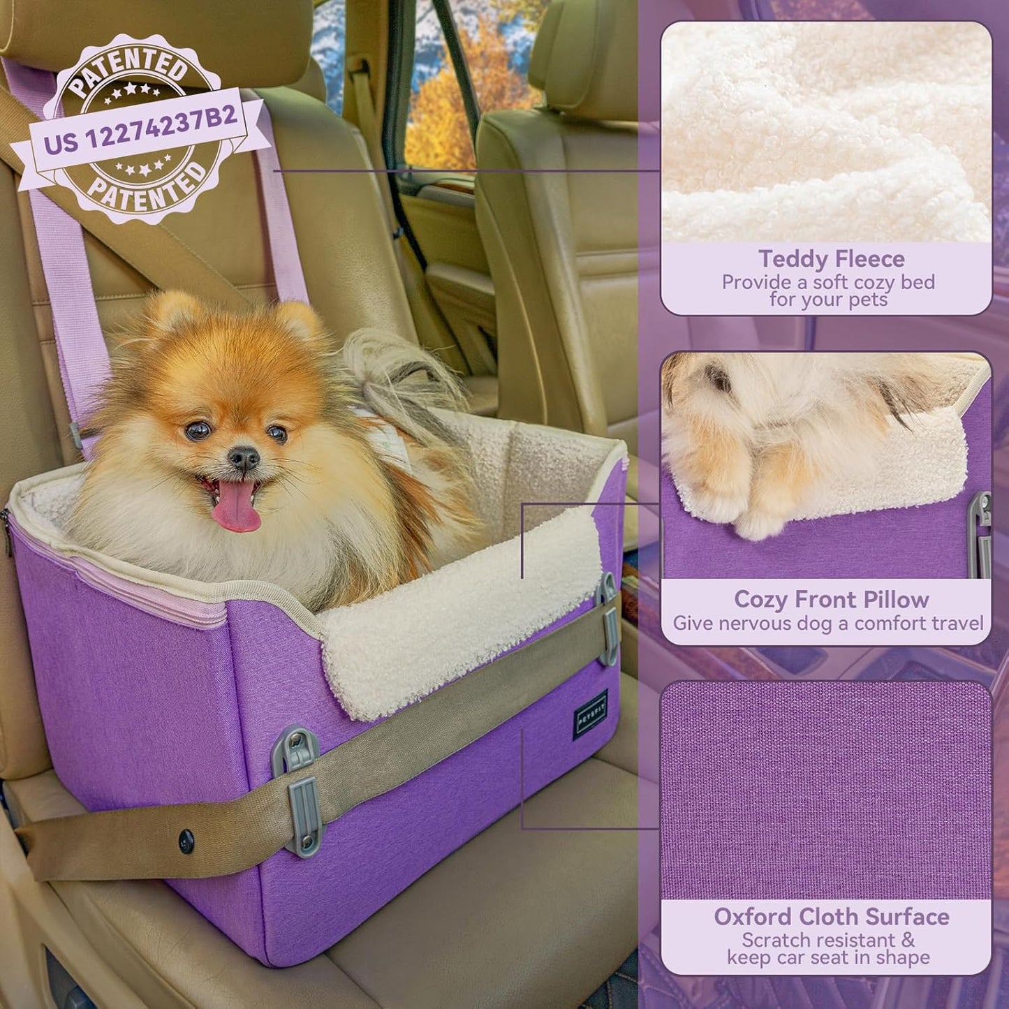 PETSFIT Small Dog Car Seat, Patent Safe Buckles Dog Booster Car Seat, Dogs Carseat with Safety Belt, Suitable for Small Pets Up to 25lbs (Purple) - Pet Explorer