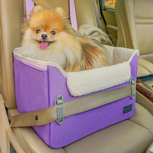 PETSFIT Small Dog Car Seat, Patent Safe Buckles Dog Booster Car Seat, Dogs Carseat with Safety Belt, Suitable for Small Pets Up to 25lbs (Purple) - Pet Explorer