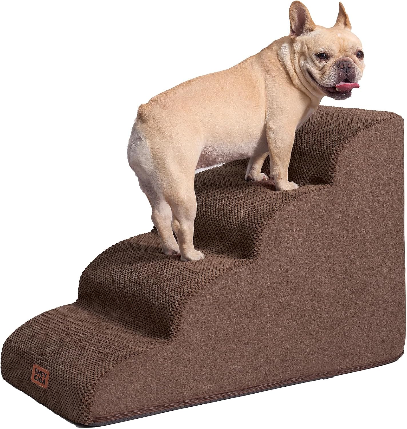 EHEYCIGA Curved Dog Stairs Ramp for High Beds 19.7" H, 4-Step Dog Steps for Small Dogs and Cats, Pet Stairs for High Bed Climbing, Non-Slip Balanced Pet Step Indoor, Brown - Pet Explorer