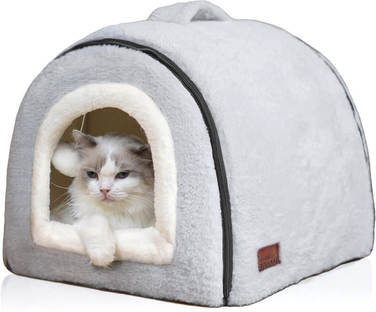 Cat Bed for Indoor Cats，Foldable cat cave，Anti-Slip & Water-Resistant Bottom，cat Houses for Indoor Cats or Small Dogs, Kitten Tent, Rabbit Bed，2 in 1 pet Bed (Grey) - Pet Explorer