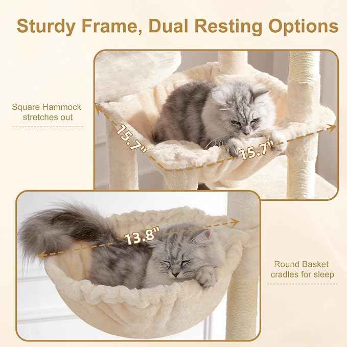 Heybly Cat Tree, 76-Inch Tall Heavy Duty Cat Tower for Big Cats with Extra Wide Baseboard, Multi-Level Large Cat Furniture with 2 Condos & 2 Hammocks, 10 Scratching Posts, Beige HCT039M