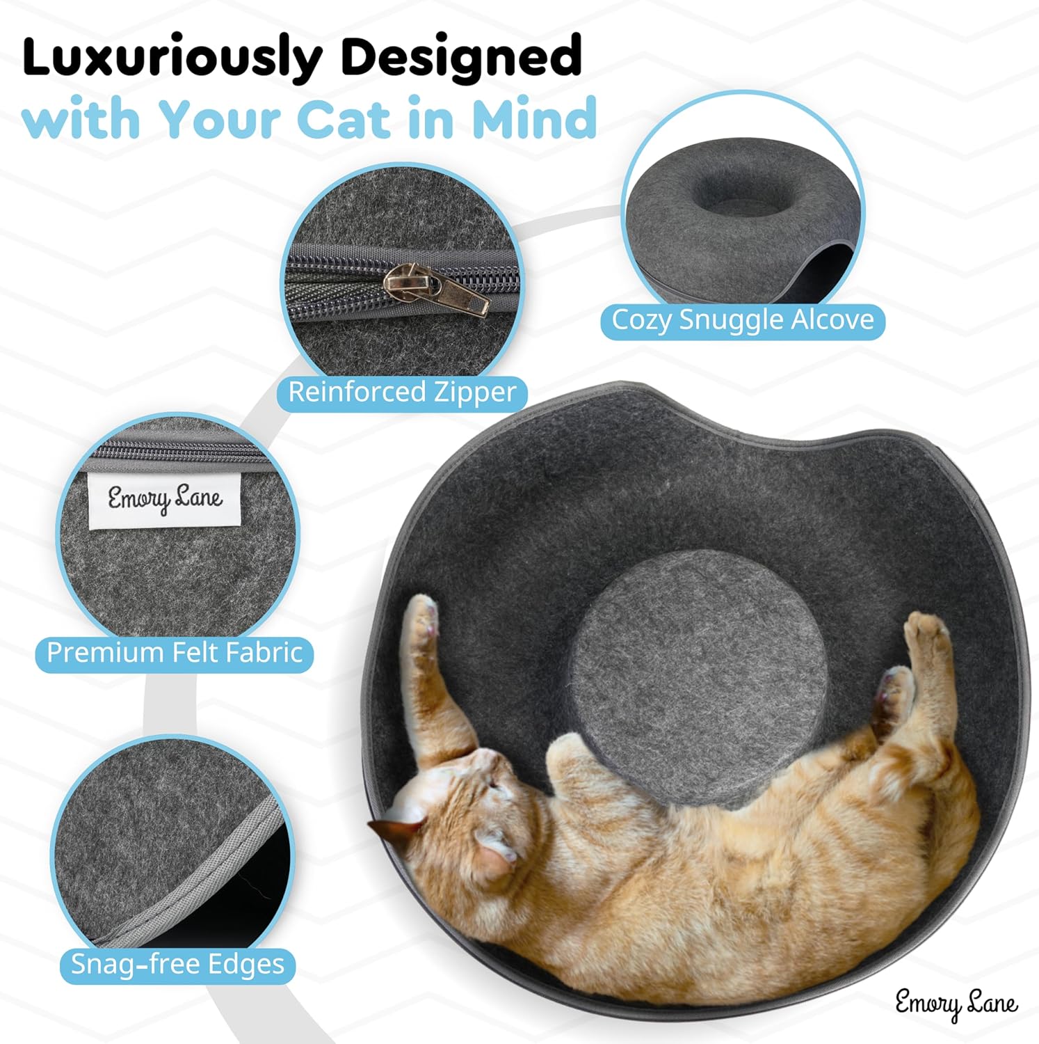 Emory Lane - Premium Cat Cave, Multifunctional Donut Tunnel Bed, Round Felt Cave with Zipper, for Pets up to 40 Lbs (24x24x11 Inch) (Dark Gray) - Pet Explorer