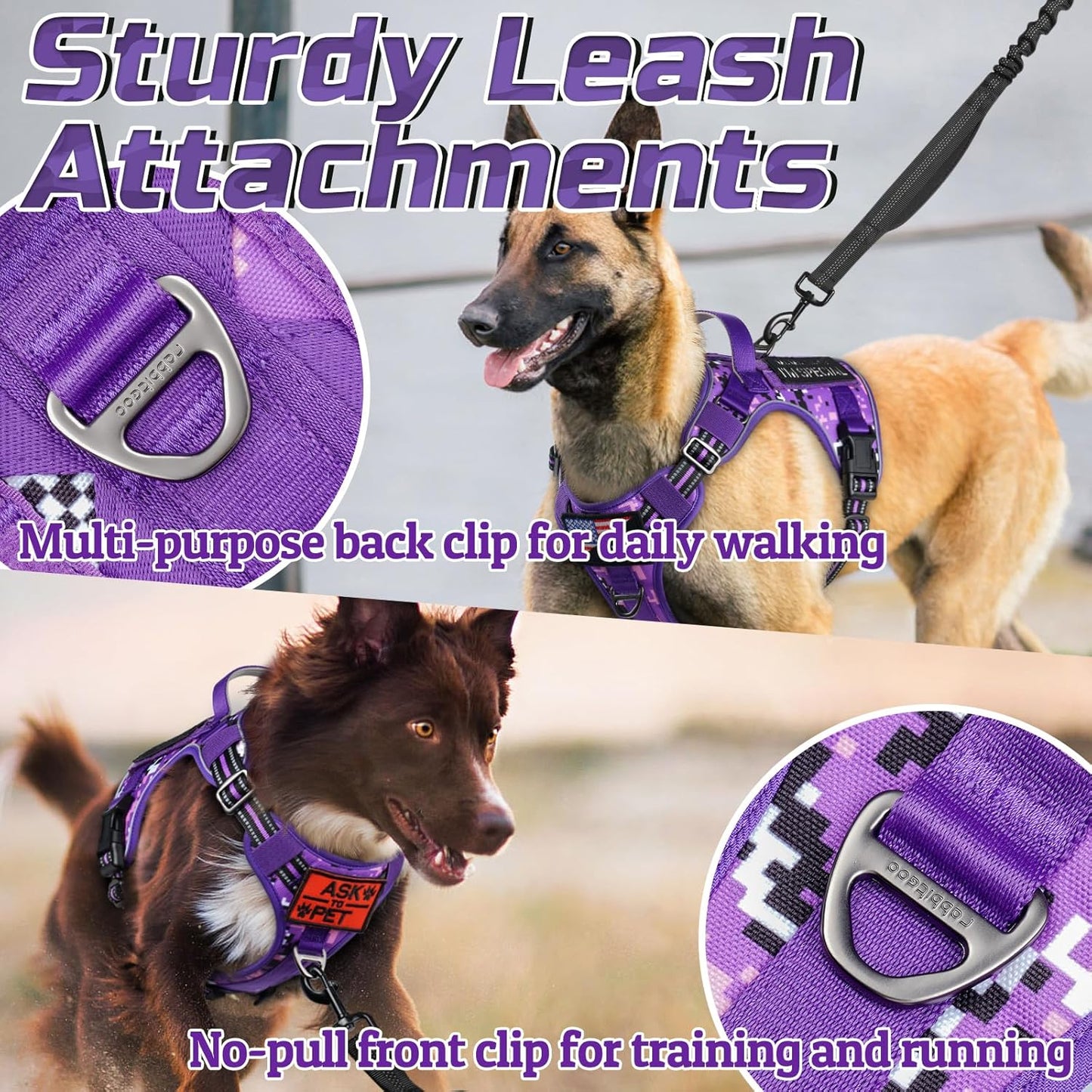 rabbitgoo Tactical Dog Harness for Small Dogs, No Pull Military Service Vest with Handle & Molle, Easy Control for Training Walking, Adjustable Reflective Straps, Purple Camo, S