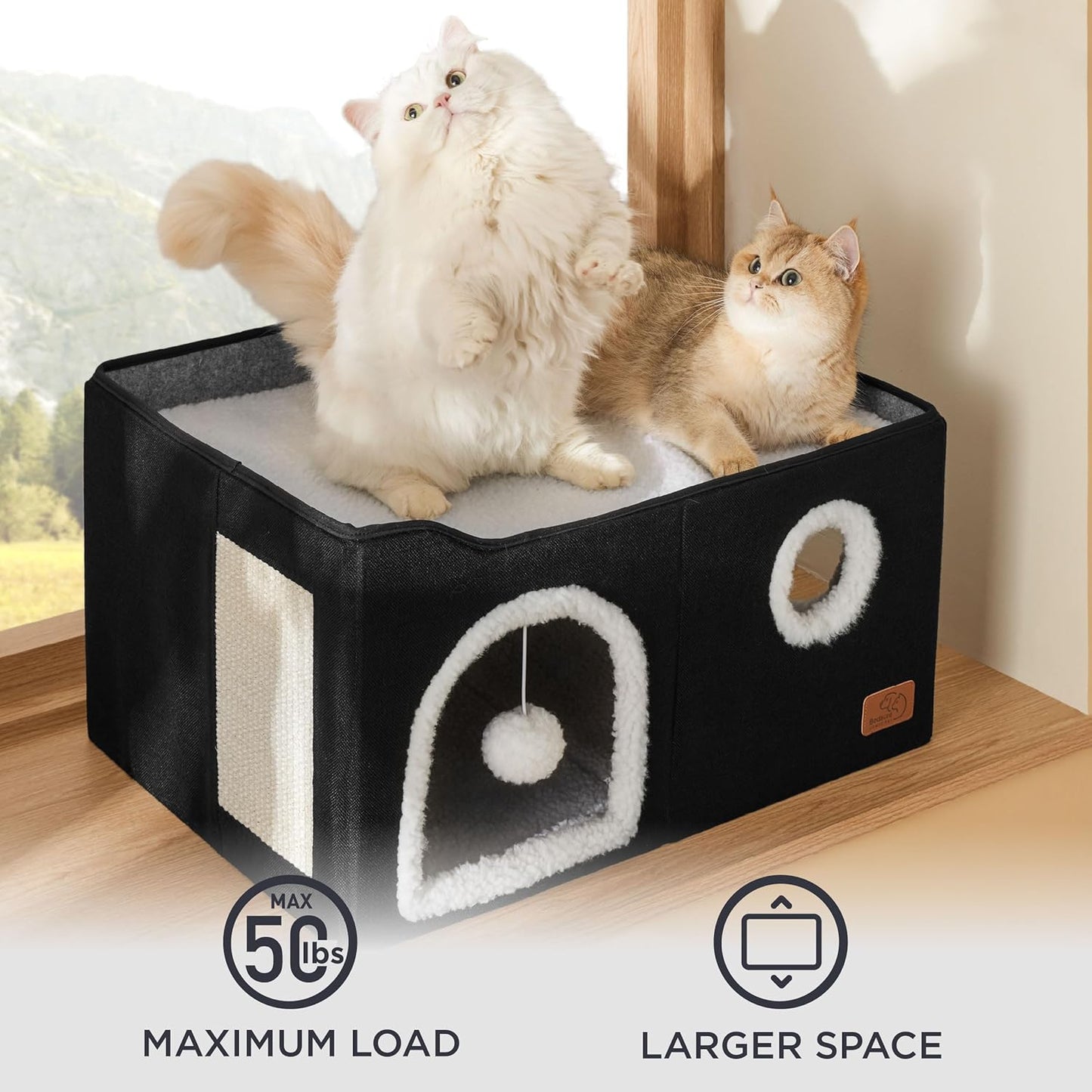 Bedsure Large Cat Beds for Indoor Cats - Extra Wide Cat Cube House for Small Pet with Fluffy Ball Hanging and Scratch Pad, Foldable Pet Cave Hideaway for Multiple Cats, 23.6x16.9x13 inches, Black - Pet Explorer