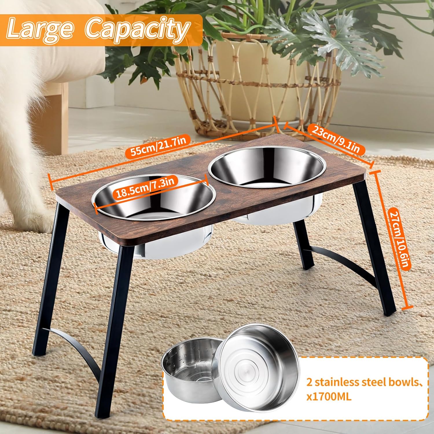Elevated Dog Bowls for Medium and Large Dogs Wood Raised Bowl Stand with Two 1700ML (58oz) Stainless Steel Dog Food and Water Bowls,Non-Slip - Pet Explorer