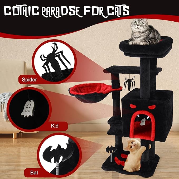Gothic Cat Tree for Indoor Cats Large Adult, 40.5" Goth Cat Trees Tower with Coffin Cat Bed,Scratching Post,Cat Condo, Furniture Towers with Hammock, Tall Black Cat Tree Halloween Hanging Toys(Black)