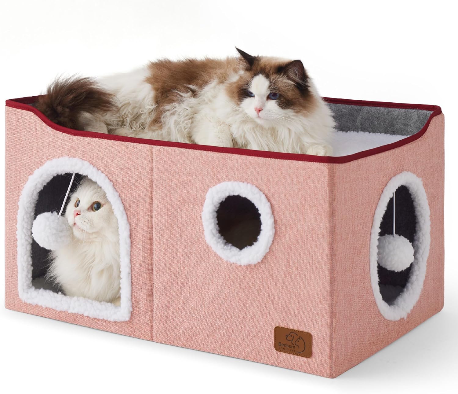 Bedsure Large Cat Beds for Indoor Cats - Extra Wide Cat Cube House for Small Pet with Fluffy Ball Hanging and Scratch Pad, Foldable Pet Cave Hideaway for Multiple Cats, 23.6x16.9x13 inches,Pink - Pet Explorer
