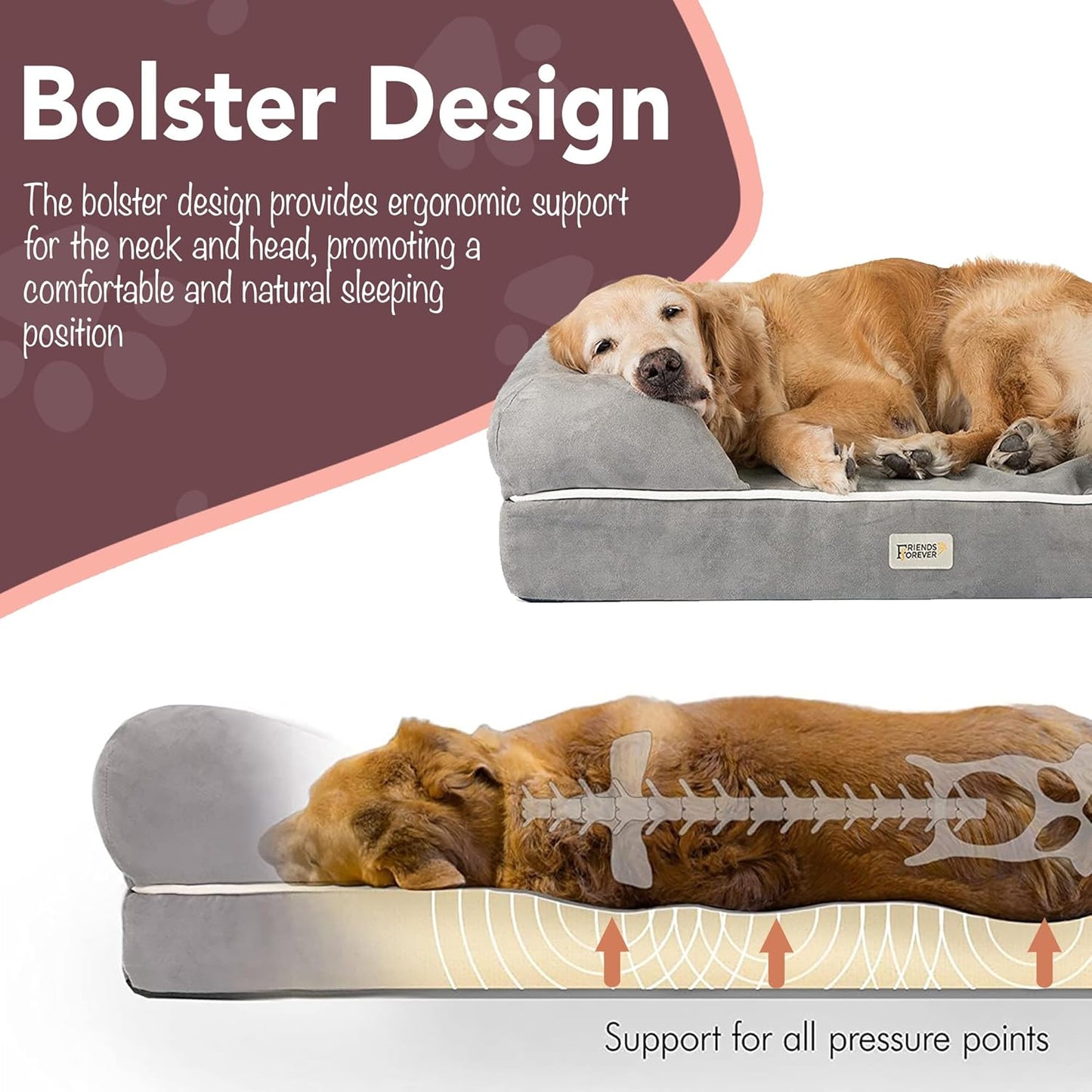Chester XX-Large Dog Bed - Orthopedic Memory Foam Mattress, Calming Couch Bed, Wall Rim Pillow, Water Resistant Liner, Washable Cover, Non-Slip Bottom, Grey - Pet Explorer