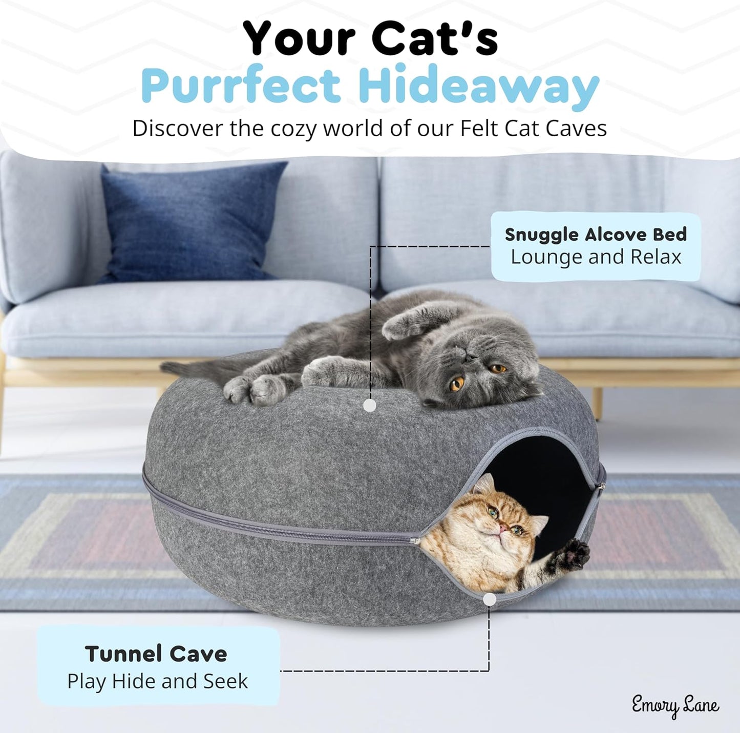 Emory Lane - Premium Cat Cave, Multifunctional Donut Tunnel Bed, Round Felt Cave with Zipper, for Pets up to 40 Lbs (24x24x11 Inch) (Dark Gray) - Pet Explorer