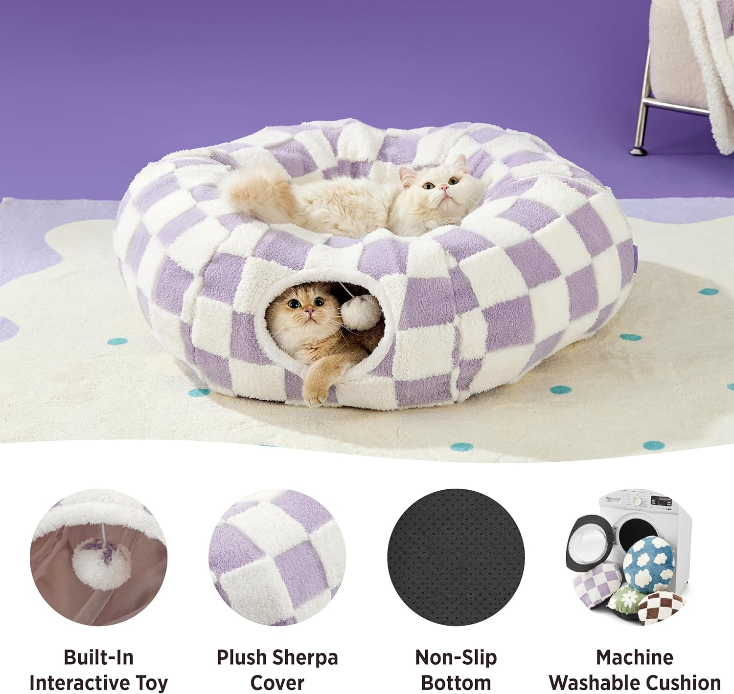 Lesure Cat Tunnel Bed for Indoor Cats - Cute Cat Donut Tunnel Toys for Small Large Cats with Washable Circle Cushion, Round Pet Peekaboo Cave Toy for Kitten/Puppy/Rabbit, Standard Purple - Pet Explorer