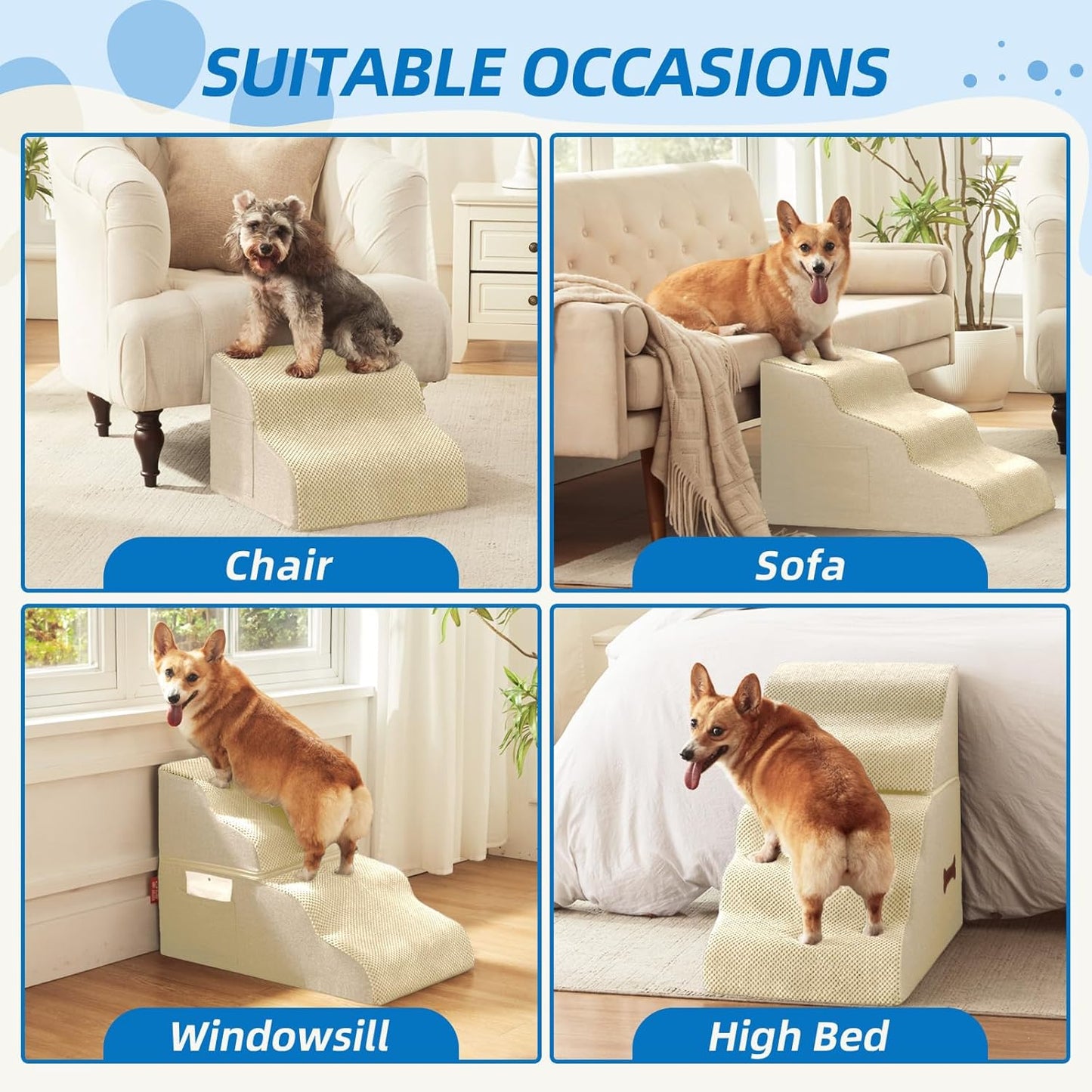 Dog Stairs for Small Dogs and Cats, 2 Steps Pet Stairs to Get on Couch Sofa and Chair, Indoor Non-Slip Balanced Portable Pet Step, High-Density Foam Ramp with Removable Washable Cover, Beige（11.8" H） - Pet Explorer