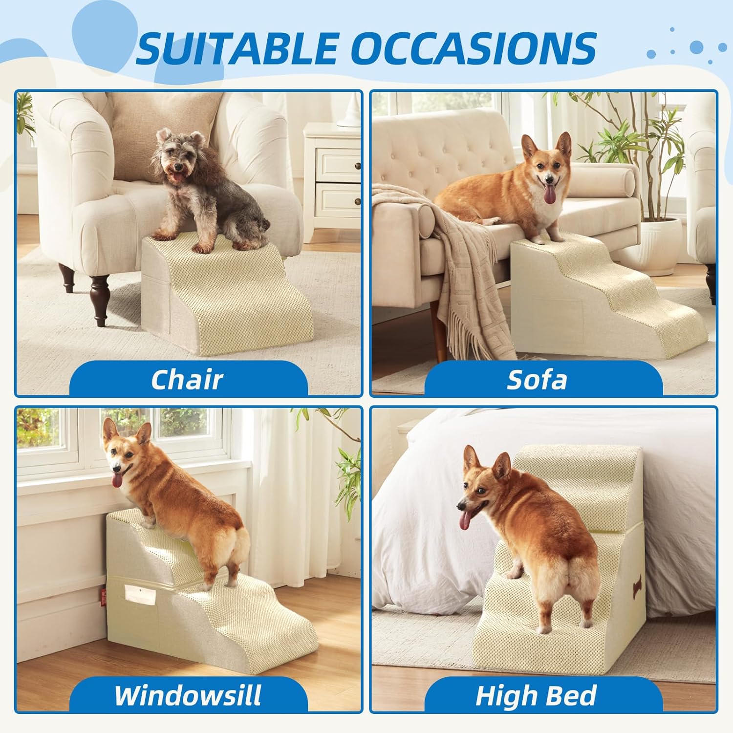 Dog Stairs for Small Dogs and Cats, 2 Steps Pet Stairs to Get on Couch Sofa and Chair, Indoor Non-Slip Balanced Portable Pet Step, High-Density Foam Ramp with Removable Washable Cover, Beige（11.8" H） - Pet Explorer