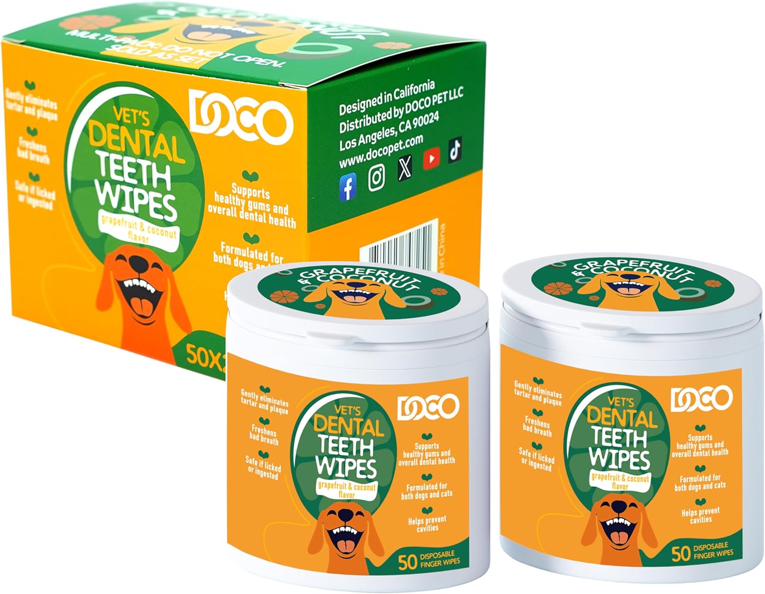 DOCO Dog Teeth Cleaning Wipes Dental Finger Wipes for Cats & Dogs Remove Plaque & Tartar, Freshen Breath, No Rinse, Easy Pet Tooth Cleaning Kit for Oral Care, Coconut & Grapefruit Flavor, 100 Count - Pet Explorer
