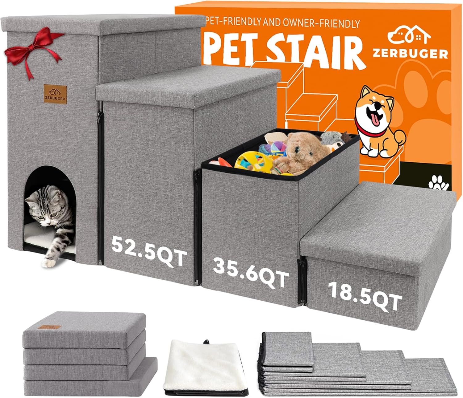 Dog Stairs 23" H, 4-Step Wider Dog Steps for High Beds Window, Folding Storage Pet Stairs Gift for Small/Medium/Large Old Dogs Cats, Ramp for Climbing Car Up to 200 lbs (Gray, with Condo) - Pet Explorer