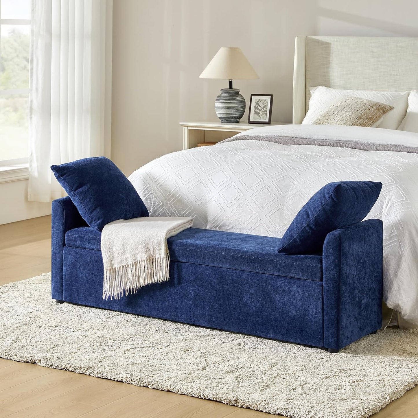 HULALA HOME Modern Storage Ottoman Bench with Throw Pillows, 59.4" Extra Long Bedroom Bench for End of Bed, Comfy Upholstered Footstool for Entryway Living Room Dining Room, Navy