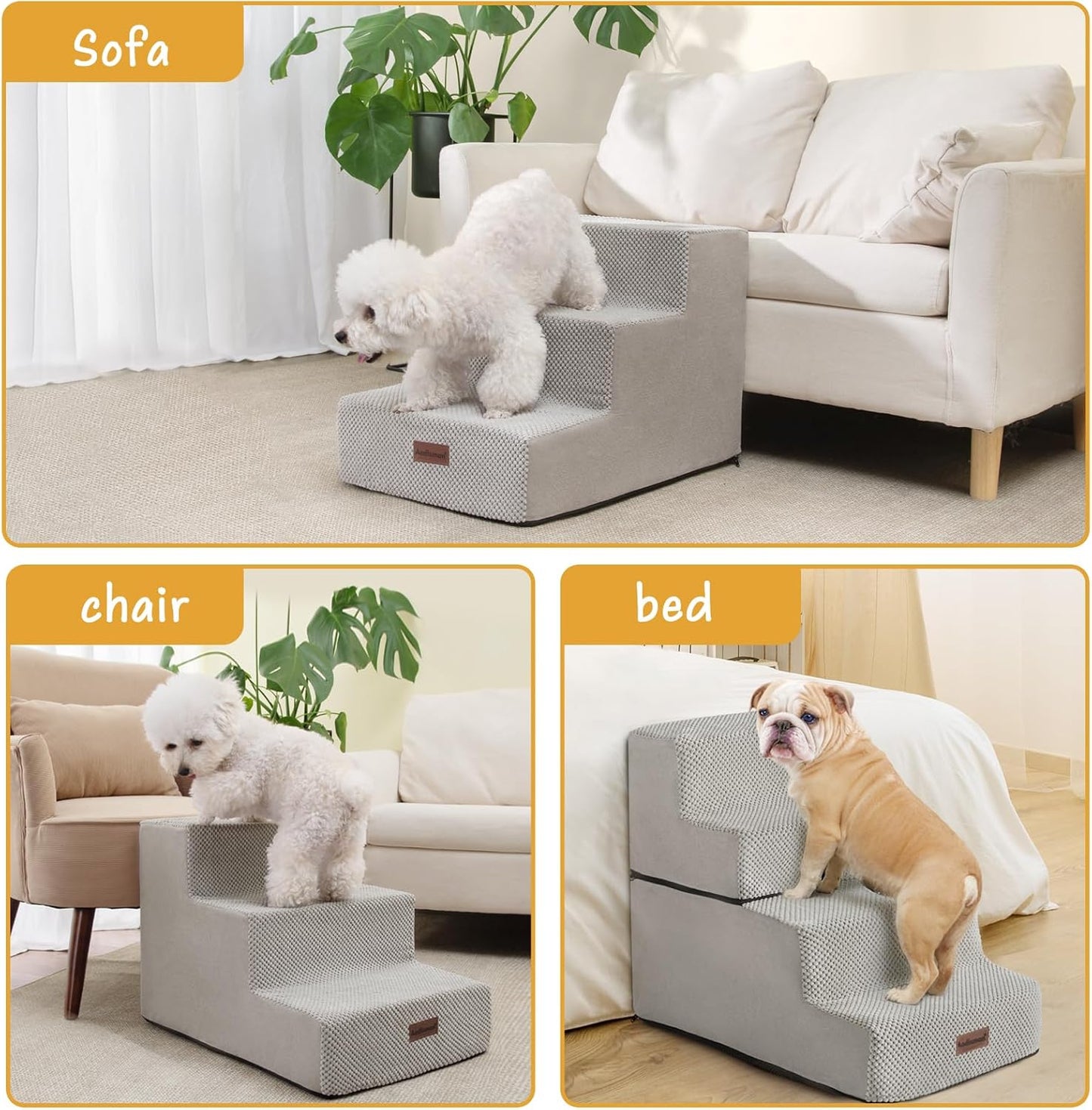 Dog Stairs for Small Dogs & Cats, 3-Step Extra Wide Non-Slip Pet Steps for Couch Sofa and Chair, Light Grey, 15.7" H - Pet Explorer