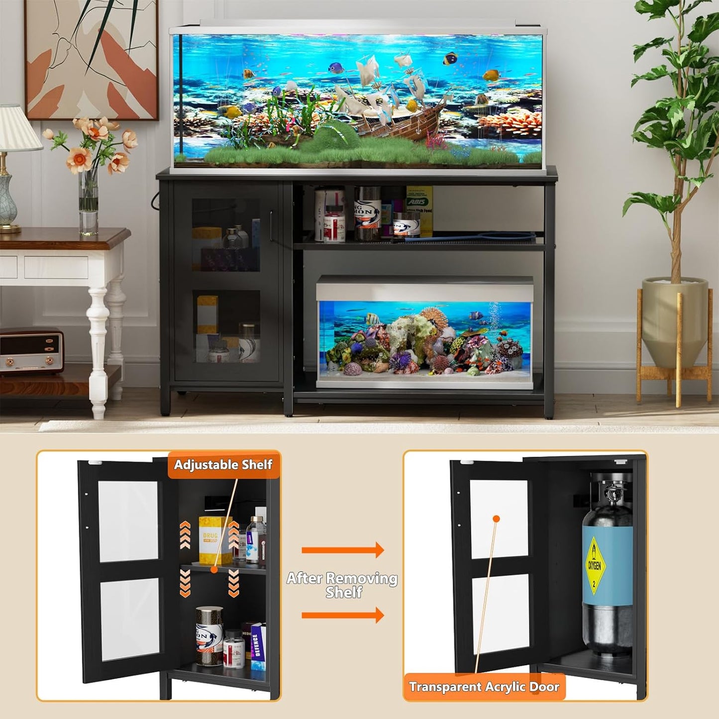 55-75 Gallon Fish Tank Stand , Aquarium Stand with Cabinet & Power Outlets for Fish Tank Accessories Storage, Heavy Duty Metal Terrarium Stand, 52" L*19" W Tabletop, 1200LBS Capacity, Black