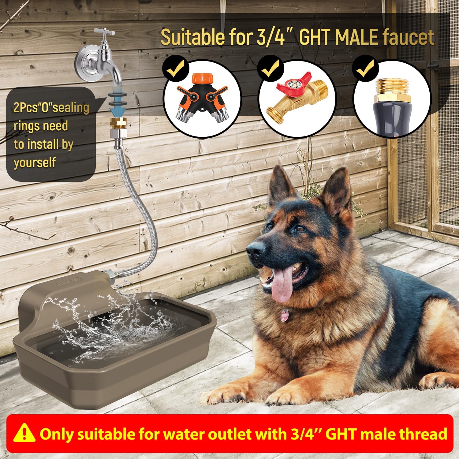 135OZ Automatic Water Dispenser for Dogs Patented Automatic Dog Water Bowl Fit 3/4'' GHT Male Faucet Outdoor Large Dog Water Bowl Include Water Hose Copper Connector Large Drinking Area Brown - Pet Explorer