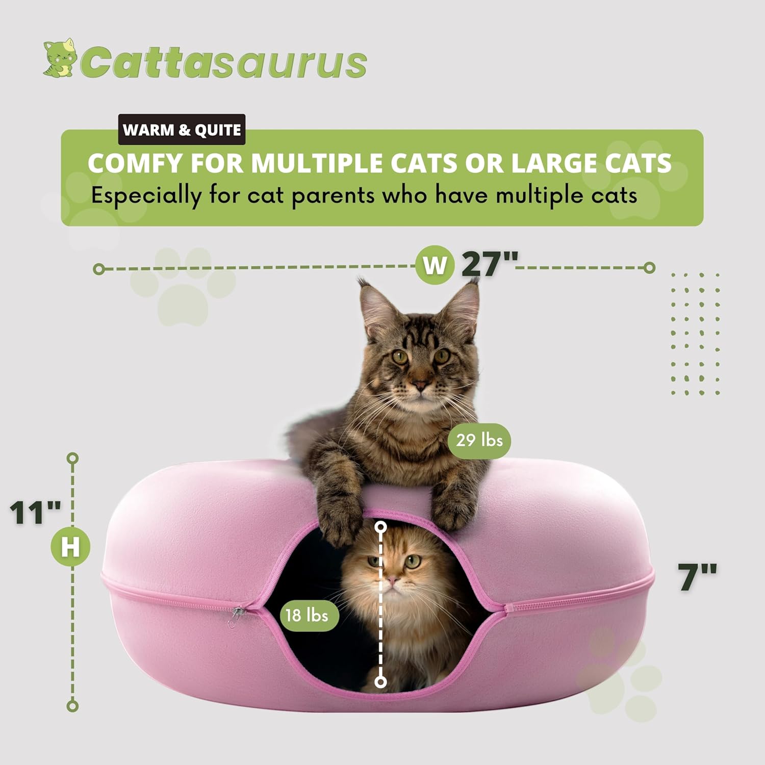 Cattasaurus Peekaboo Cat Cave for Multiple & Large Cats Up to 30-45 Lbs, Scratch Detachable & Washable Tunnel Bed, Comfy Donut Cat Cave (Pink, Jumbo) - Pet Explorer