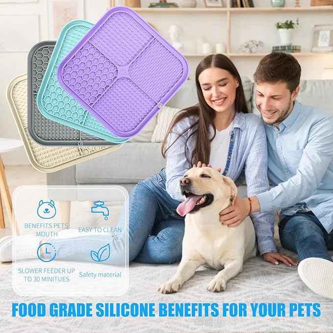 Lick Mat for Dogs, Premium Lick Pad with Suction Cups for Dog Anxiety Relief, Slow Feeder Dog Bowls, Bathing, Grooming and Training (Cyan, Purple, Beige, Grey, 4pack)