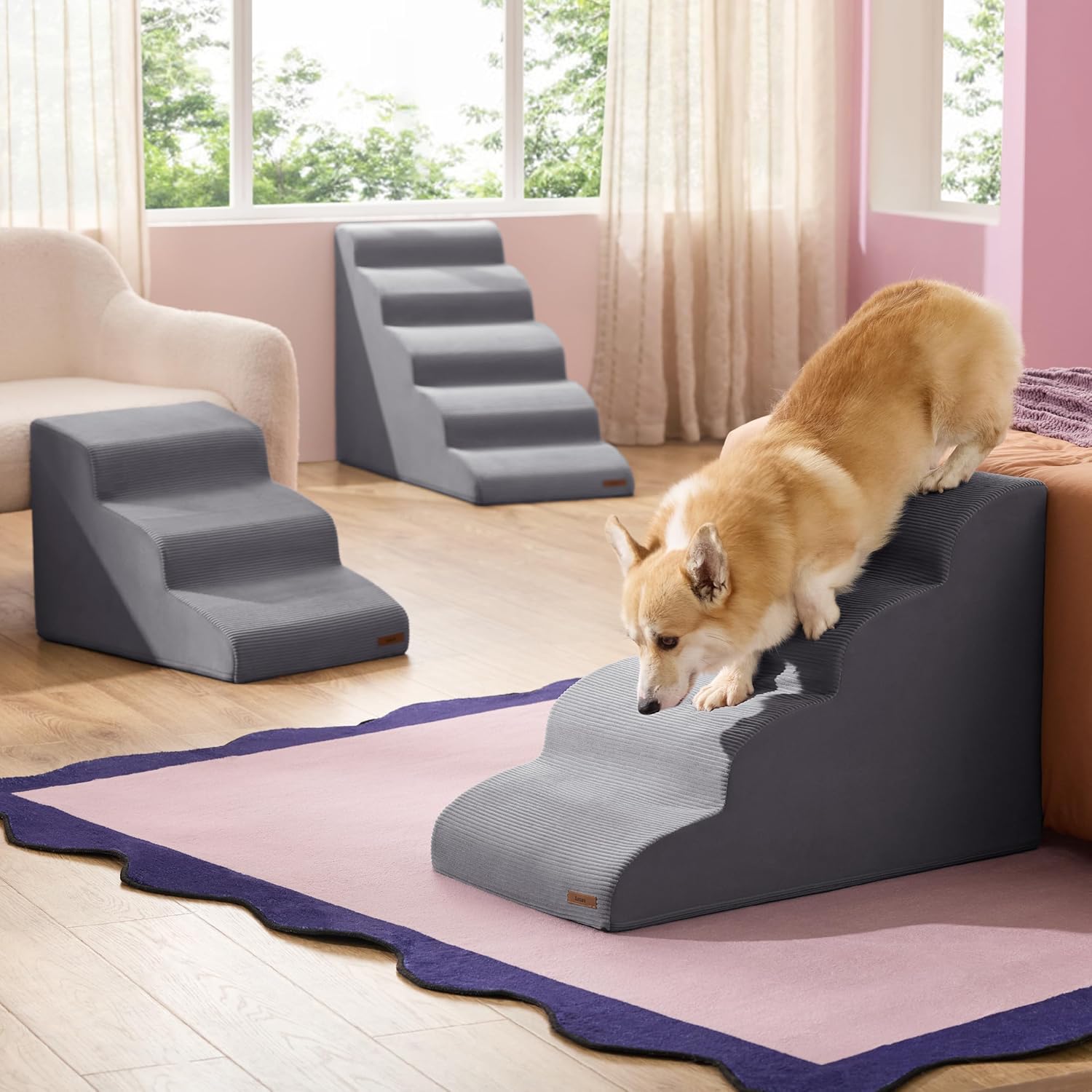 Lesure Dog Stairs for Large Dogs Pet Steps Ramp for High Bed and Couch with CertiPUR-US Certified Foam with Non-Slip Bottom, Grey, 4 Steps - Pet Explorer