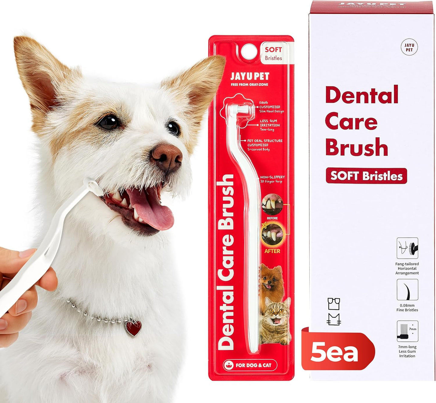 JAYU PET Dental Care Brush (Soft Bristles) 5ea - Dog Toothbrush, Cat Toothbrush, Dental Care for Kitten and Small Dogs, Removing Old Plaque and Tartar, Cat Teeth Brushing & Easy Cleaning - Pet Explorer