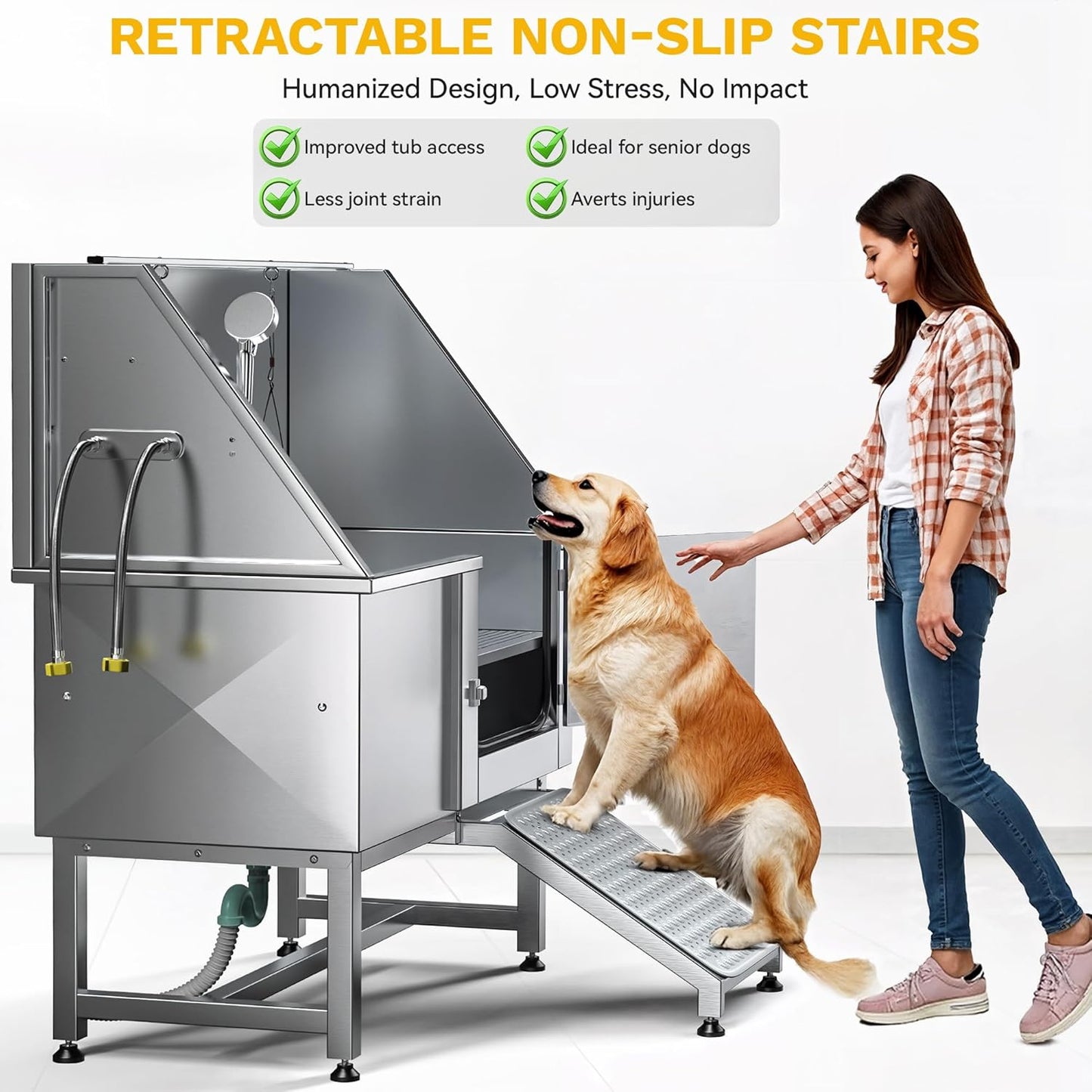 DWVO Professional Pet Dog Bathing Station for Grooming, 50'' Dog Grooming Bathtub with Right Ramp, Floor Grate, Faucet, Showerhead & Soap Holder for Large, Medium & Small Pets - Pet Explorer