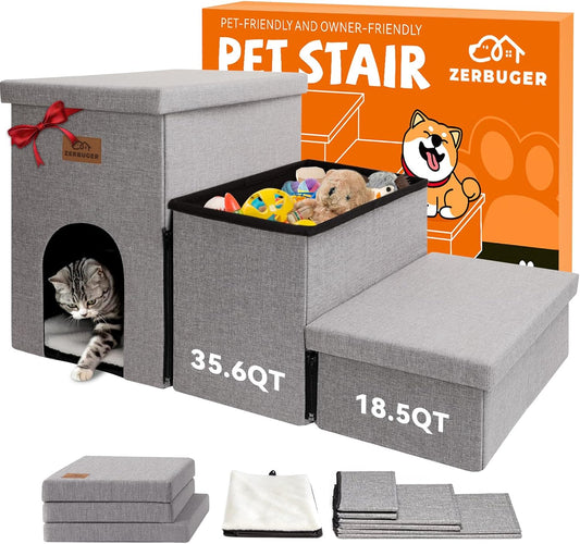 Dog Stairs 18" H, 3-Step Wider Dog Steps for High Beds Couch, Folding Storage Pet Stairs Gift for Small/Medium/Large Old Dogs Cats, Ramp for Climbing Car Up to 200 lbs, (Gray, with Condo) - Pet Explorer