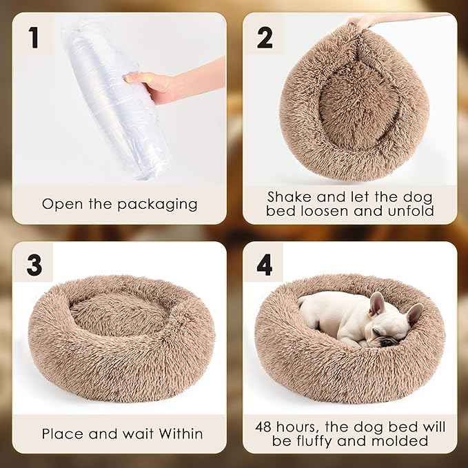 Hoewina Dog & Cat Bed for Indoor Cats, 20in Calming Donut Bed for Puppy and Kitten, Washable Round Fluffy Pet Bed for Small Medium Dogs and Cats (Camel)
