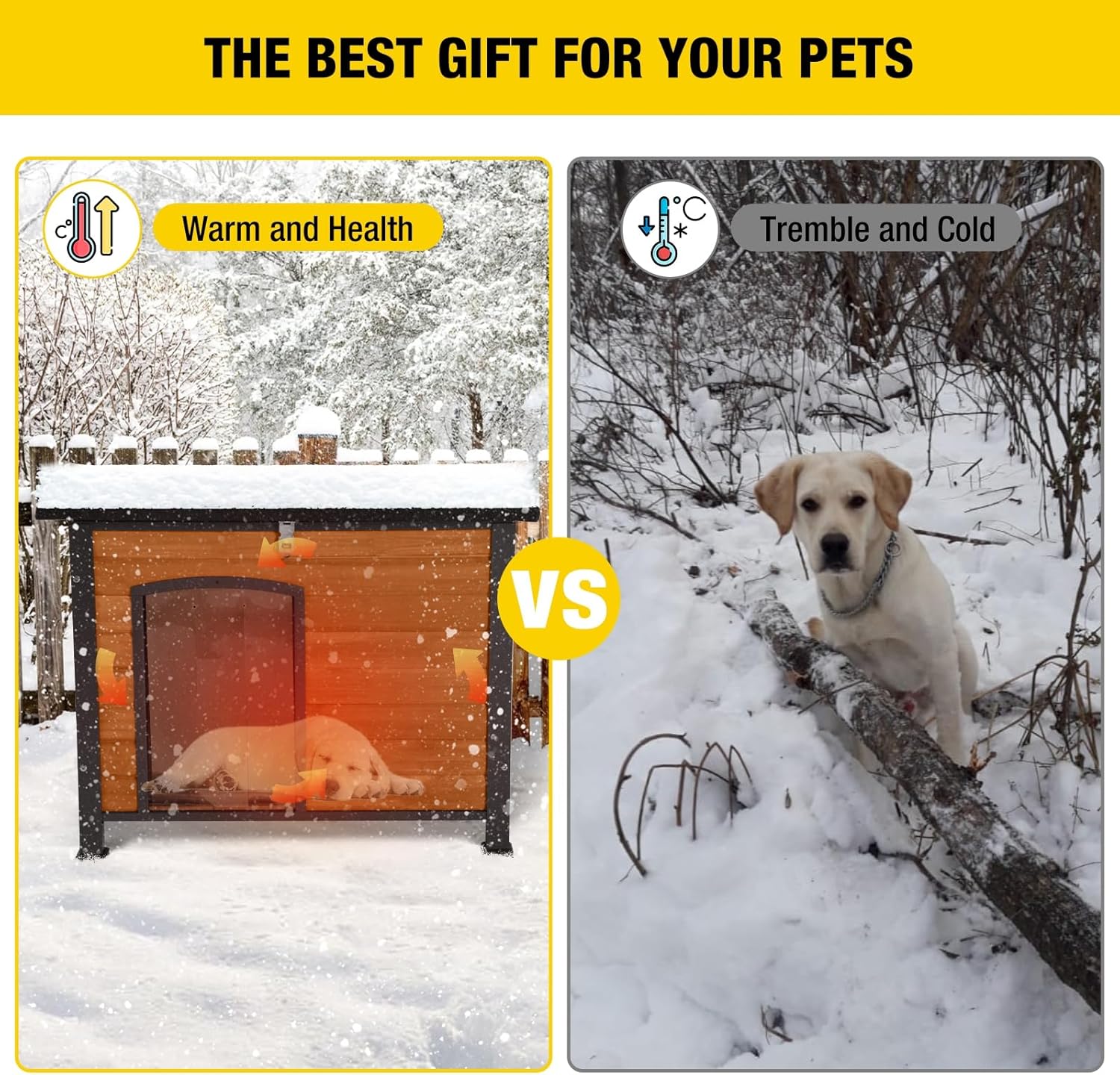 Insulated Outdoor Dog House with Liner for Winter Wooden Dog Kennel with All-Around Iron Frame,Waterproof - Pet Explorer