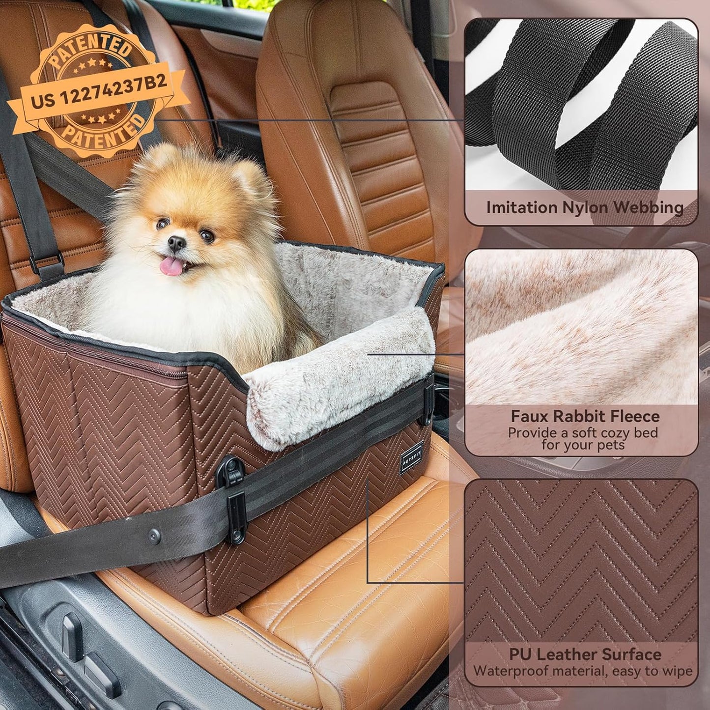 PETSFIT Car Seat for Dogs, Waterproof PU Leather Dog Car Seat for Small Dogs with Patent Safe Buckles, Clip-On Leash, Pet Travel Carrier Bed for Small Pets Up to 25lbs (Brown) - Pet Explorer