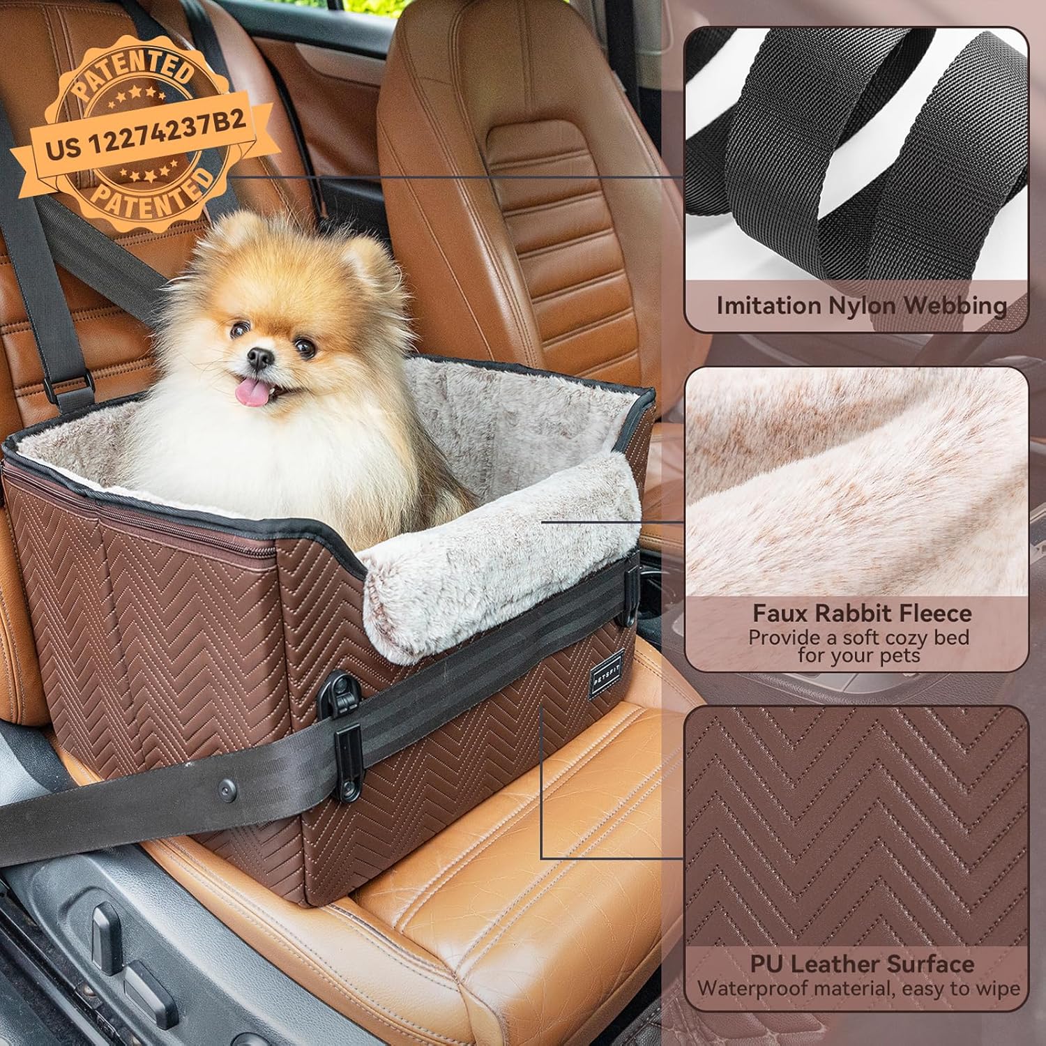 PETSFIT Car Seat for Dogs, Waterproof PU Leather Dog Car Seat for Small Dogs with Patent Safe Buckles, Clip-On Leash, Pet Travel Carrier Bed for Small Pets Up to 25lbs (Brown) - Pet Explorer