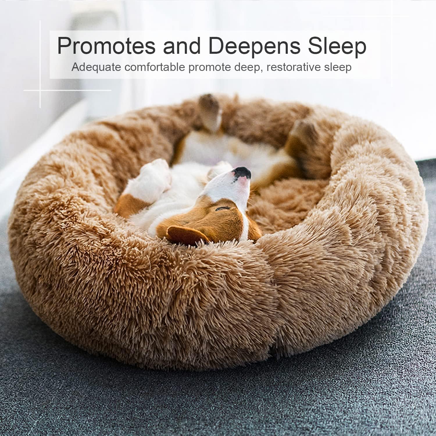 Dog Bed, Cat Calming Bed, Faux Fur Pillow Pet Donut Cuddler Round Plush Bed for Large Medium Small Dogs and Cats (44"x44"(Pack of 1), Camel) - Pet Explorer