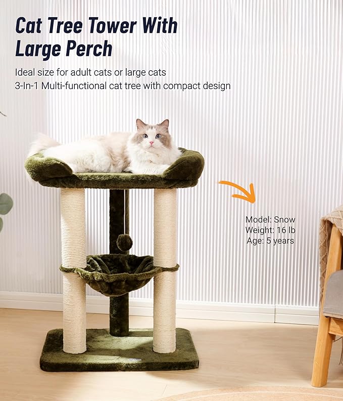 Happi N Pets 28" Cat Tree Tower, Tall Cat Scratching Post with Soft Perch for Window Viewing, Large Bed for Big Cats, Stable & Compact Cat Tower with Hammock, Removable Cover-Green